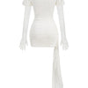 New Sexy Gloves Long Sleeves Cutout Pleated Draped Mini Dress Women Red/White Lace Floral Bodycon Dresses Party Cocktail Club