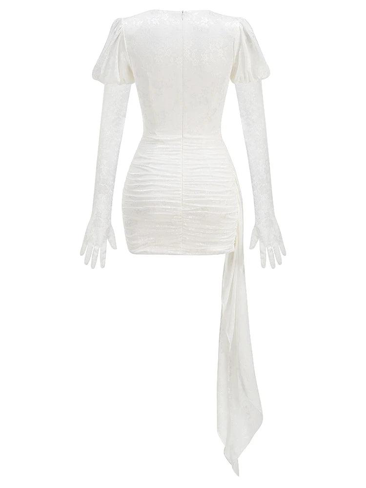 New Sexy Gloves Long Sleeves Cutout Pleated Draped Mini Dress Women Red/White Lace Floral Bodycon Dresses Party Cocktail Club