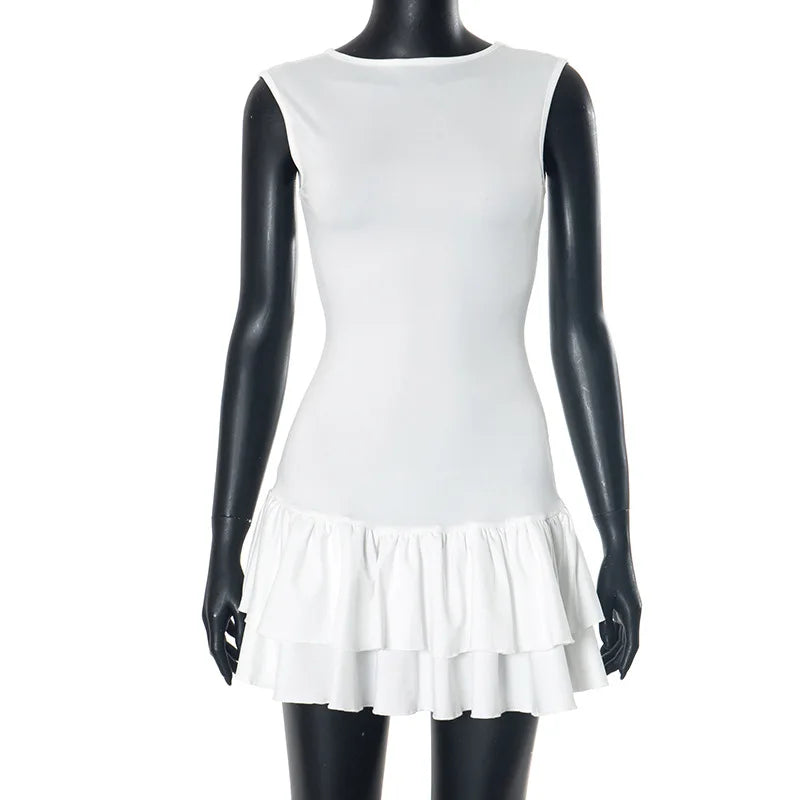 Women's Solid Pleated Short Dress Sleeveless O-neck Fashion Elegant Simple Mini Bodycon Dresses Slim Street Casual Party Holiday