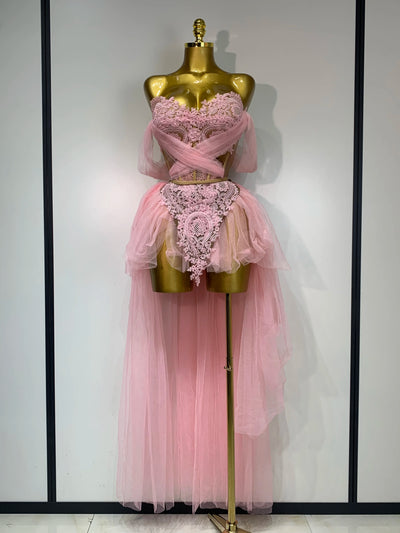 Women Sexy Strapless Pink Mesh Two Pieces Set Prom Gown Celebrate Birthday Nightclub Party Singer Stage Performance Costume