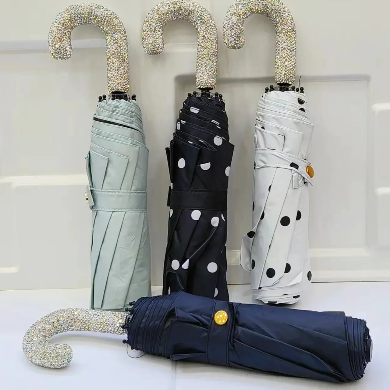 Bling Rhinestone Hook Handle Umbrella Automatic Folding Hook Handle Sunshade UV Protection Rainproof Portable Umbrella Rain Gear