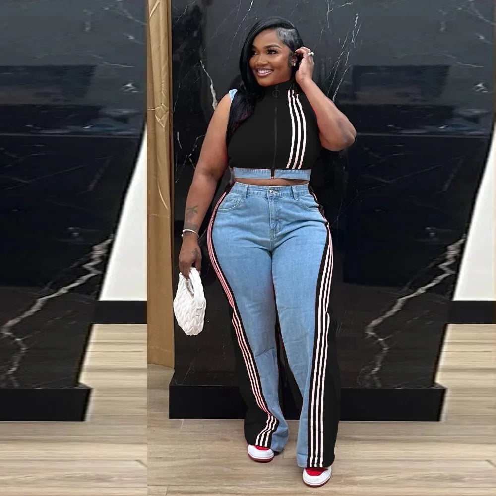 2 Pieces Women's Sets 2025 Spring Summer Denim Sleeveless Suit Tops And Wide Leg Pants Suits Two Piece Set Tracksuit Outfit