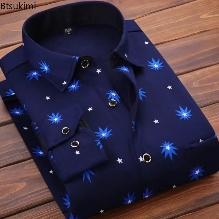 High Quality Men's Clothing 2024 Men Long Sleeve Thick Warm Shirt Tops Fashion Men Print Handsome Versatile Shirts Formal Shirts