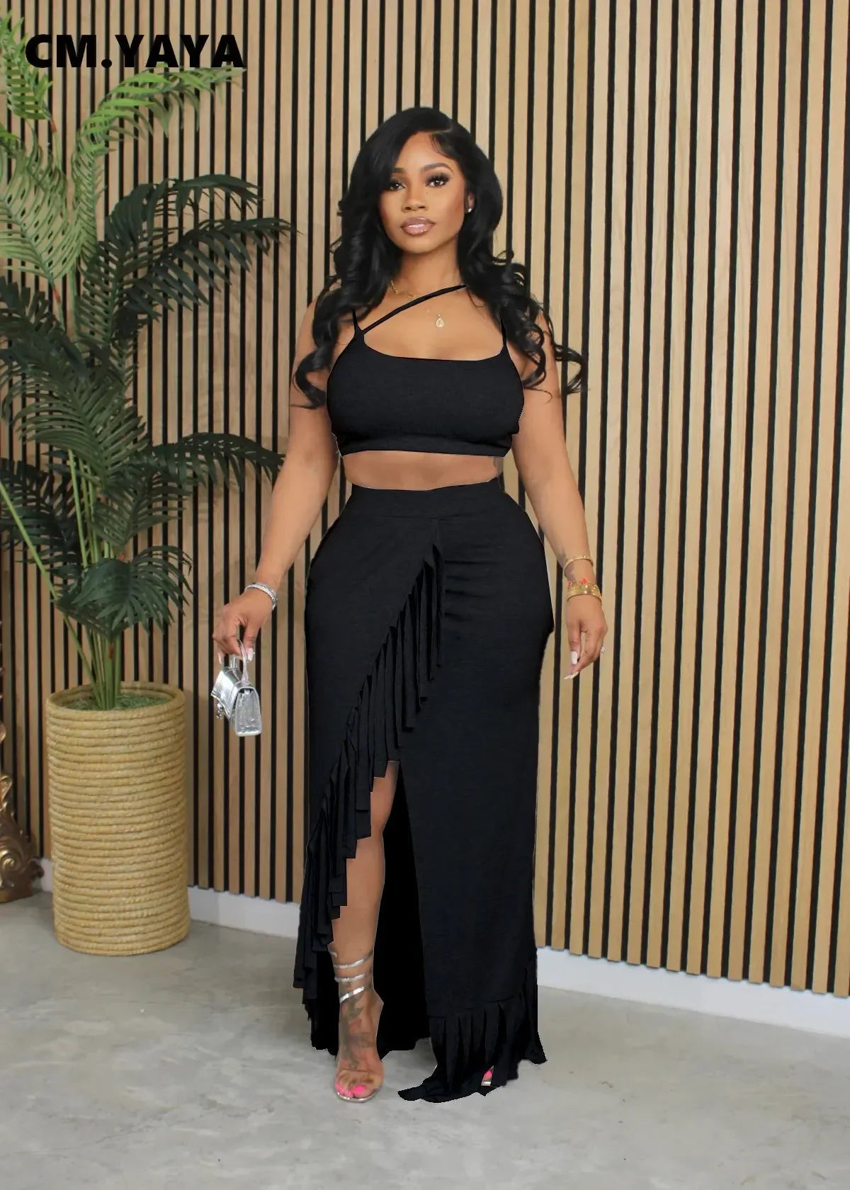 CM.YAYA Summer Women Sets Sleeveless Sexy Strap Crop Top and Tassel Long Skirt Sets Night Club Party Beach 2 Two Piece Sets