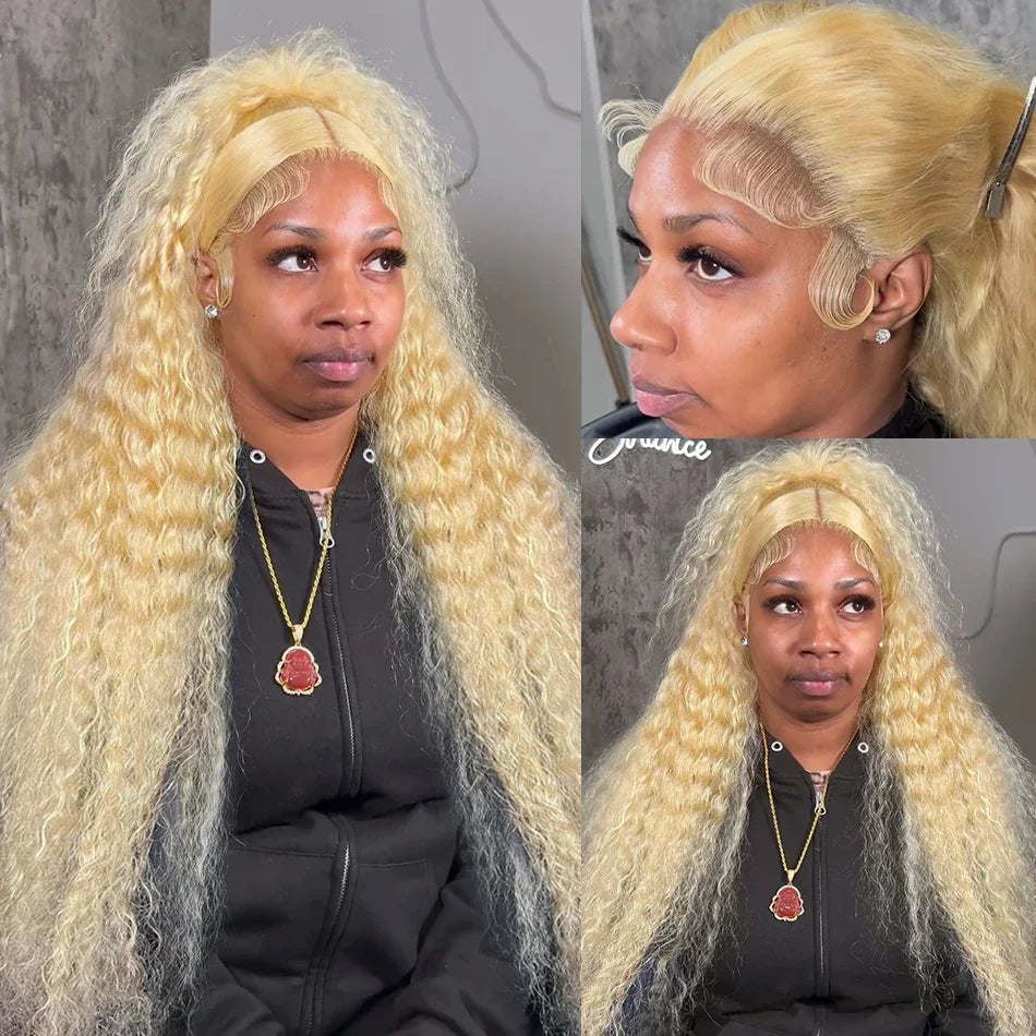 40 inch Curly 613 Honey Blonde Lace Front Human Hair Wigs Loose Deep Wave 13x6 HD Water Wave Color Transparent Lace Frontal Wig