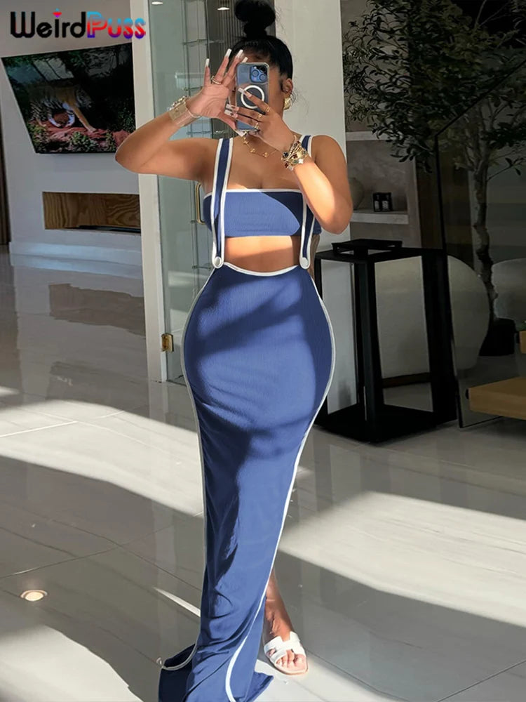 Weird Puss Summer Trend 2 Piece Set Women White Edging Strapless Tops+Shoulder Straps Dress Stretch Matching Streetwear Outfits