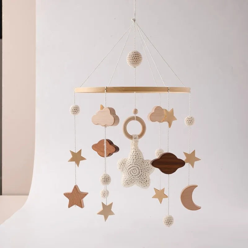 Baby Crib Mobile Bed Bell Rattle Toys Wooden Crochet Stars Pendant Bed Bell Toys Newborn Comfort Crib Bracket Hanging Toys Gifts