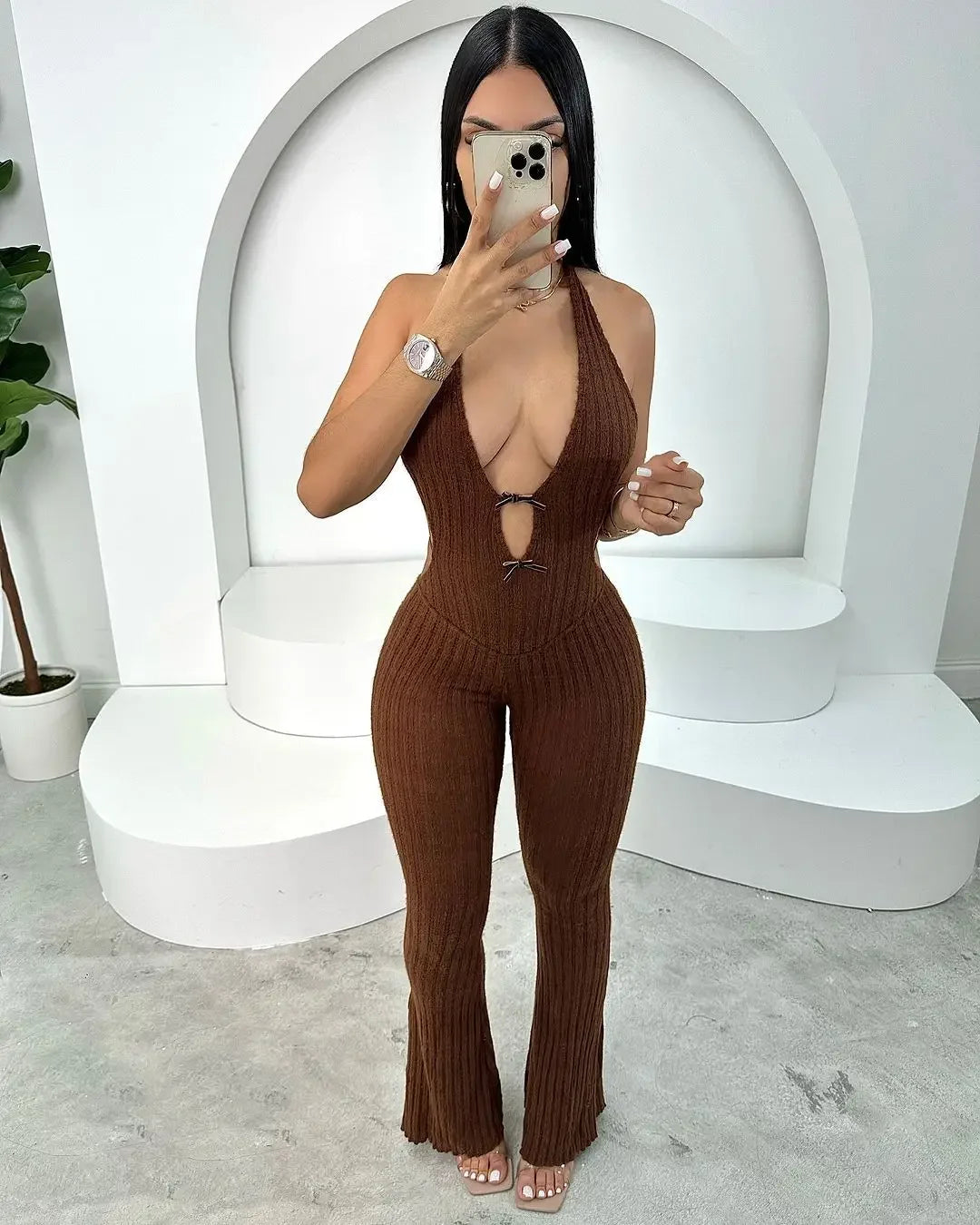 Women Knit Halter Bow Sleeveless Long Jumpsuits 2025 Summer Backless Sexy Outfits Night Club Party One Piece Rompers