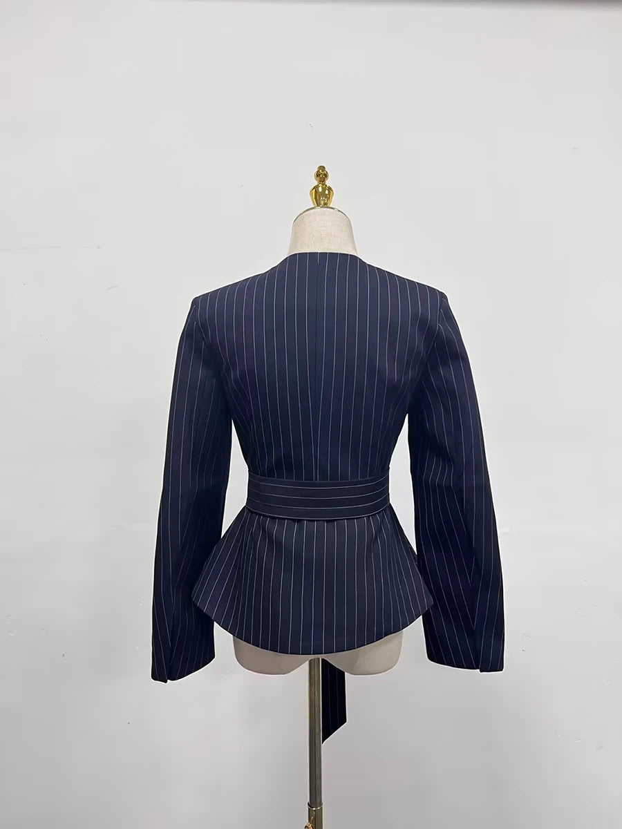 TWOTWINSTYLE Colorblock Striped Slimming Blazers For Women V Neck Long Sleeve Tunic Temperament Coats Female Fashion Clothes New