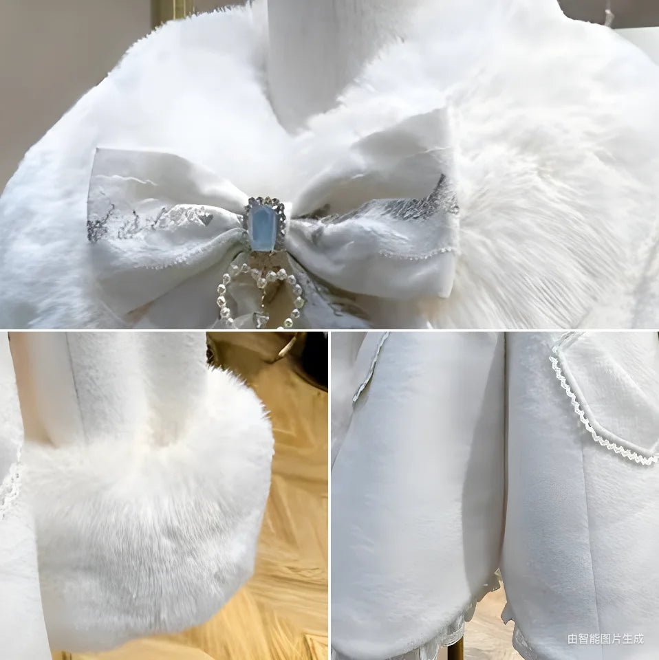 Winter New Japanese Sweet Bow Slim Medium Long Woolen Coat Faux Fur Collar Lolita Girl Women's Pink White Wool Jacket Overcoat