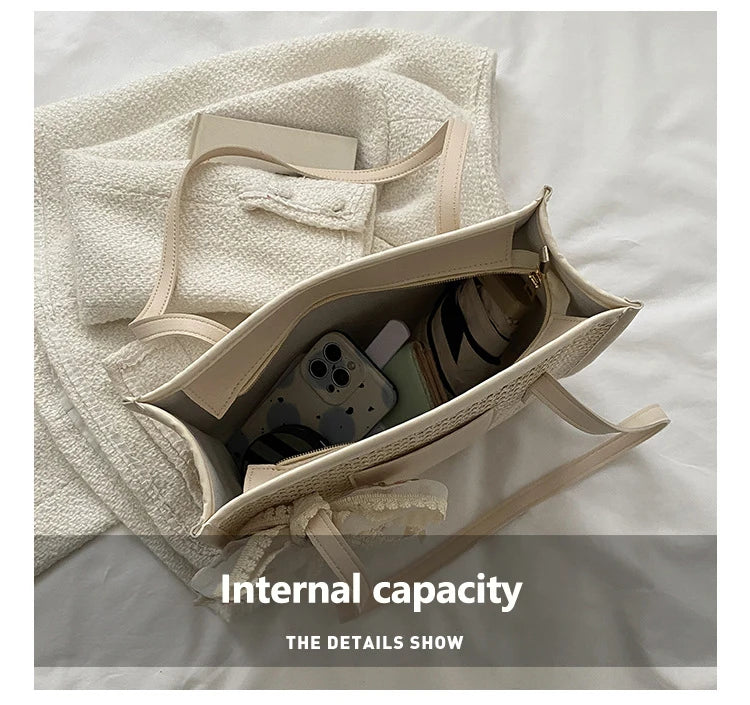 Trendy Lightweight Casual Bow Decor Straw Bag Hollow Out Knitted Flower Tote Bag Large Capacity Shoulder Bag For Teen Girl Women