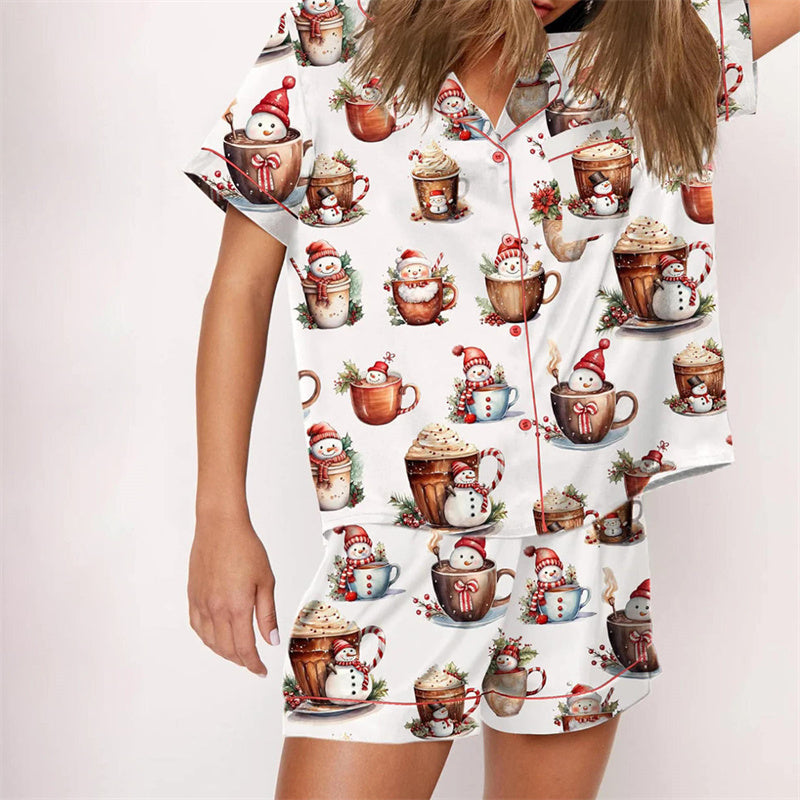 Nutcracker Pajamas Women Christmas Pajama Set Short Sleeve Tops+Elastic Waist Shorts Santa Claus Avatar Print Sleepwear Outfits