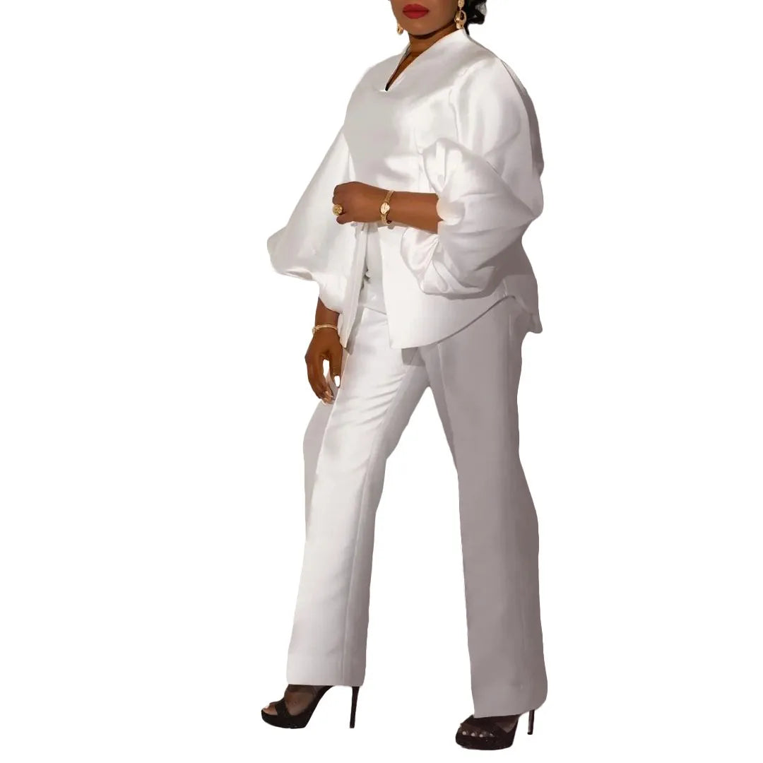 Luxury 2 Pieces Pants Sets for Women Satin Blouse V Neck Full Sleeve & Long Trousers Straight Elegant Ladies Outfits Pants Sets