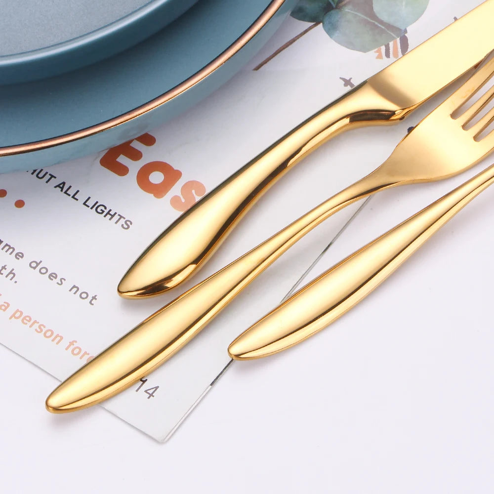 6/16/20/24Pcs Gold Tableware Stainless Steel 304 Cutlery Set Western Dinner Set Mirror Knife Fork Spoon Smooth Handle Flatware