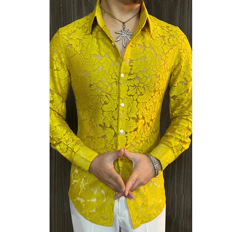Men's Slim Fit Shirt Spring Semi Transparent Long Sleeved Shirt Men Nightclub Sexy Casual Social Party Tuxedo Stage Singer Shirt