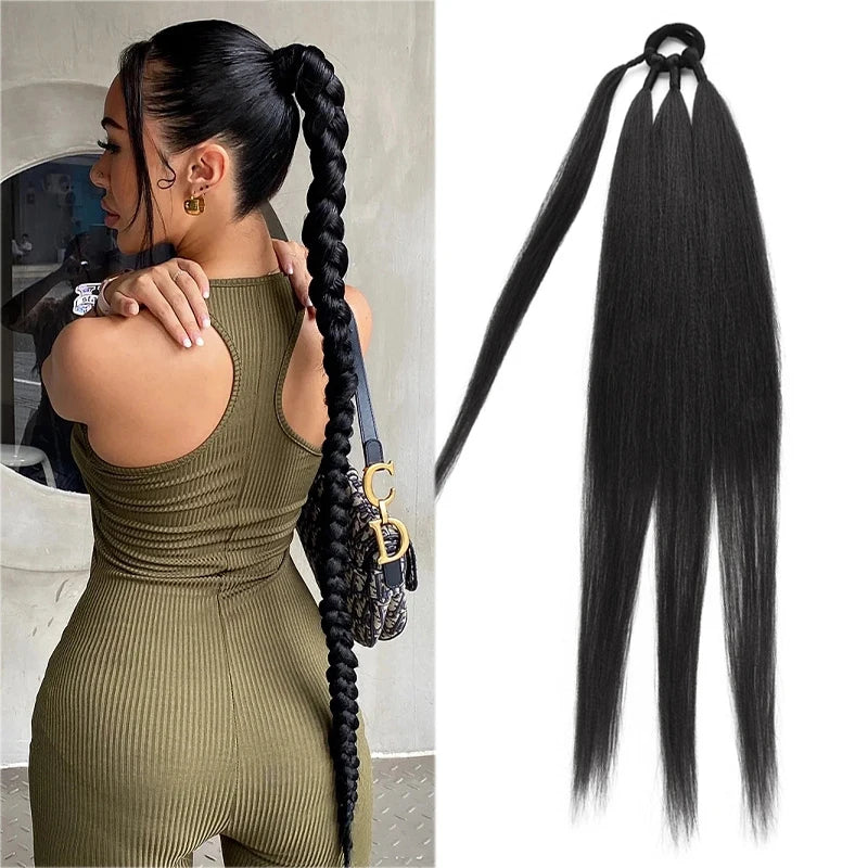 Ponytail Extensions Synthetic Boxing Braids Wrap Around Chignon Tail With Rubber Band Hair Ring 26 Inch Brown Ombre Braid DIY
