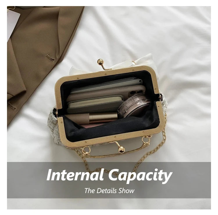 Glittering Chain Plaid Pattern Evening Bag For Women Bow Decor Shoulder Bag, Fashionable Elegant Clutch, Women‘s Crossbody Bag