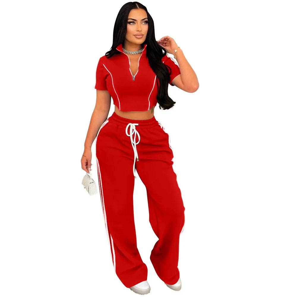 Fashion Casual Short Hoodie 2 Piece Women Summer Zipper Top Short Sleeved Sports T Shirt Stripe Splicing Long Pants Female Suit