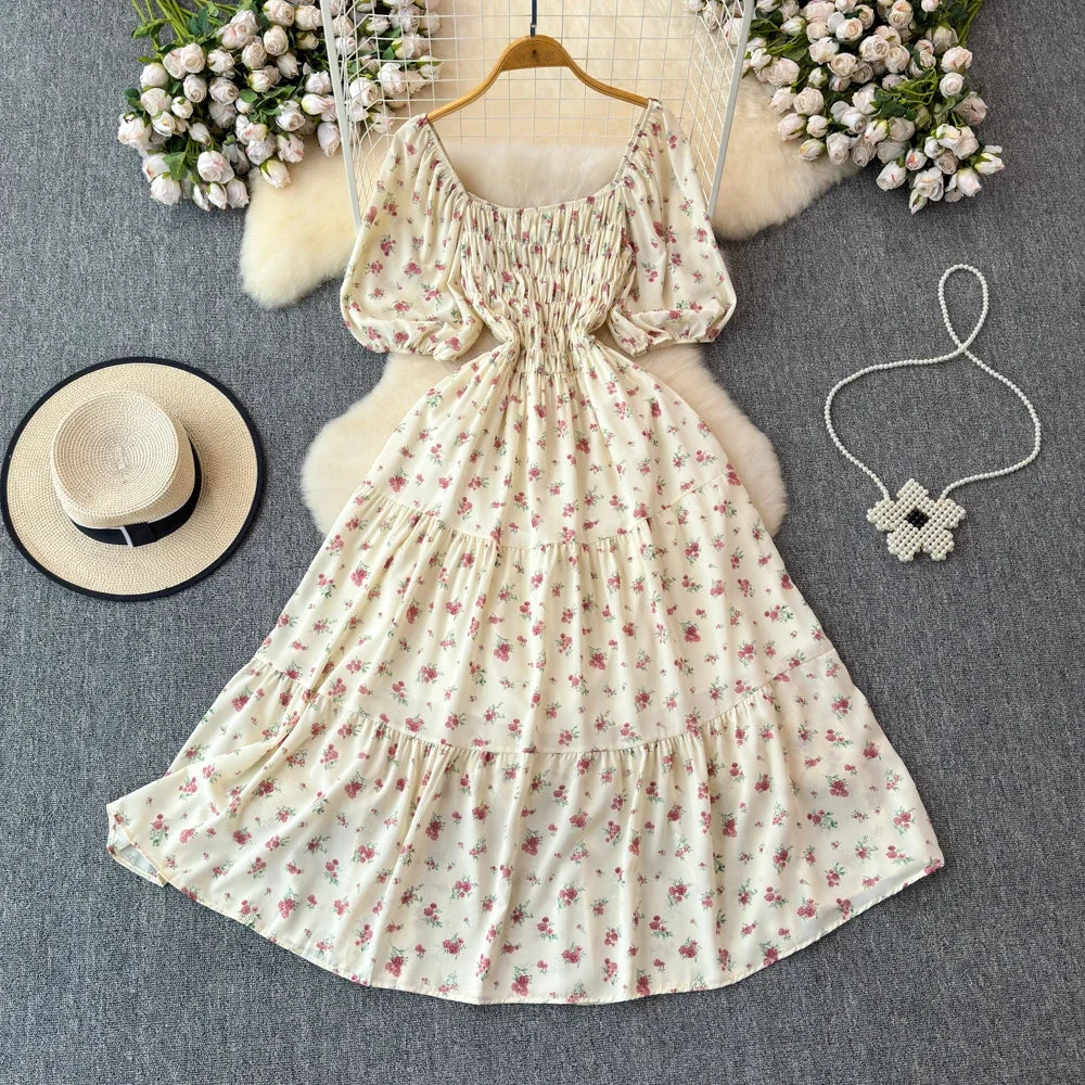 2024 New Summer Flower Print Long Dress Women Vintage Square Neck Ruched Chest Sash Bandage Sundress Party Vestidos
