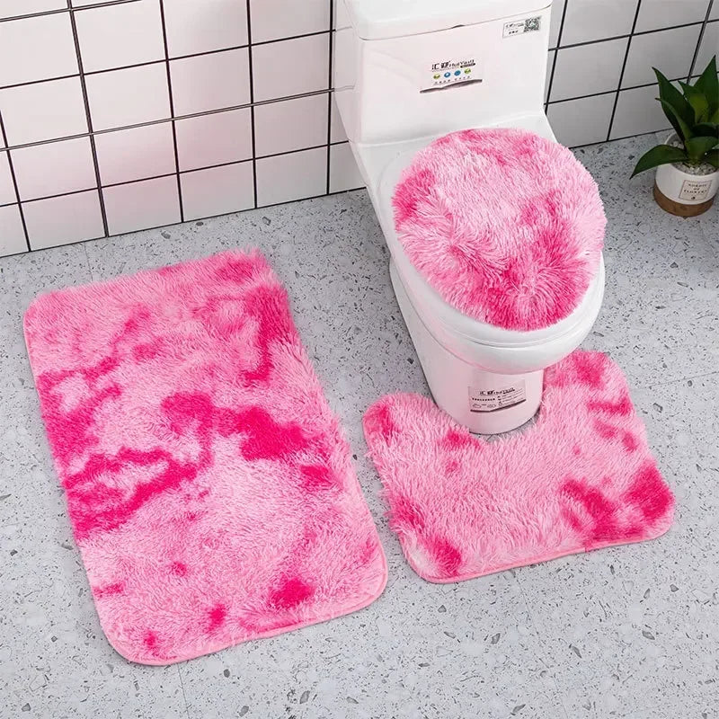 3pcs Bathroom Mat Set for Bathroom Silk Tie-Dye Toilet Soft Non Slip Rug Shower Carpets Toilet Lid Cover Floor Mats for Hallway