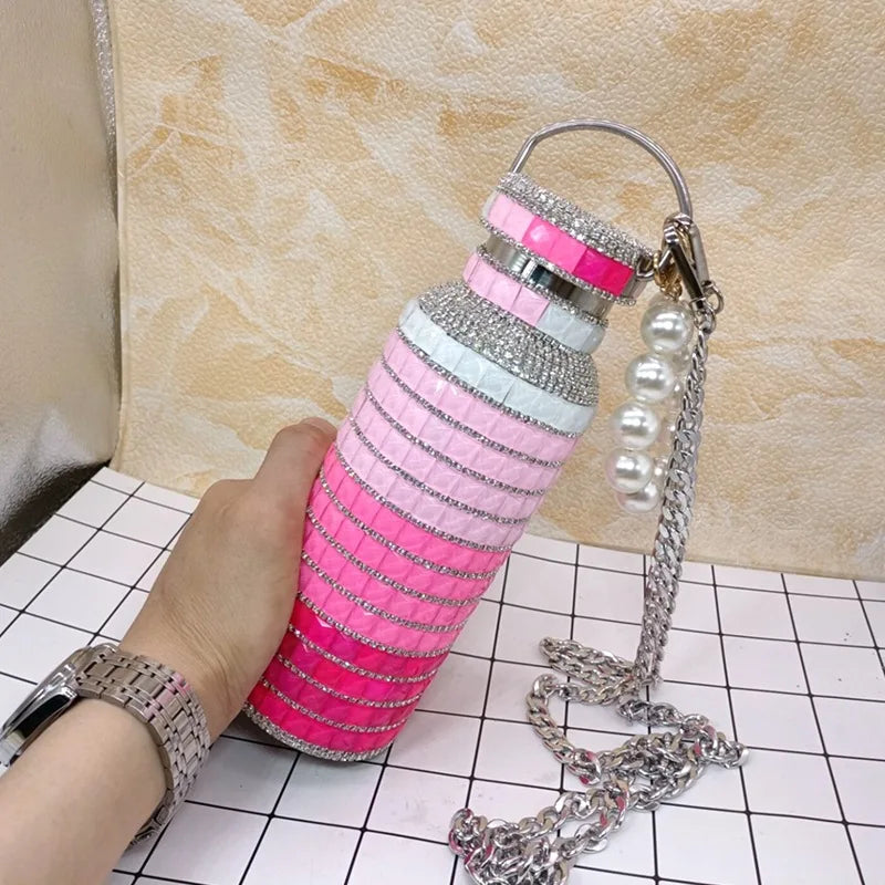 Bling Rhinestone Insulated Thermos Water Bottle with Chain Stainless Steel Vacuum Insulated Bottle Flask Portable Tumbler