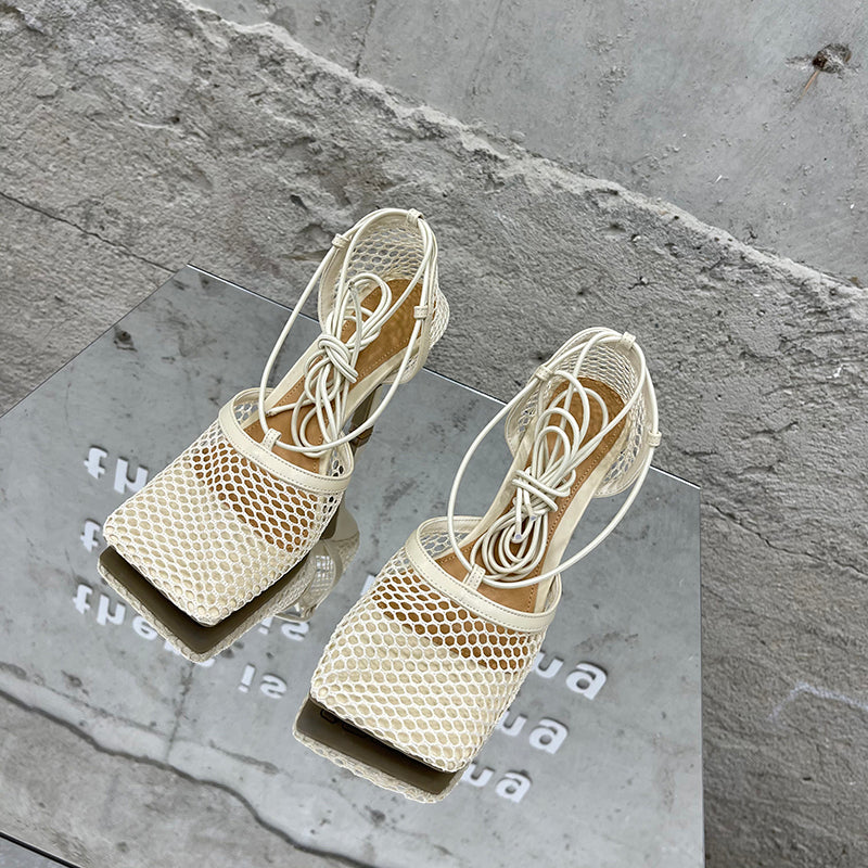 Aneikeh 2024 Summer Sexy Mesh Pumps Sandals Female Square Toe High Heel Lace Up Cross-Tied Stiletto Hollow Dress Party Shoes