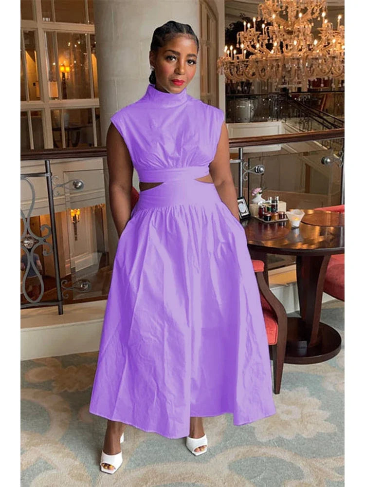 Summer Dresses 2024 Mock Neck Sleeveless Cutout White Maxi Dresses A-Line Elegant Pockets Casual Party Hollow Out Long Dress