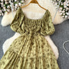 2024 New Summer Flower Print Long Dress Women Vintage Square Neck Ruched Chest Sash Bandage Sundress Party Vestidos