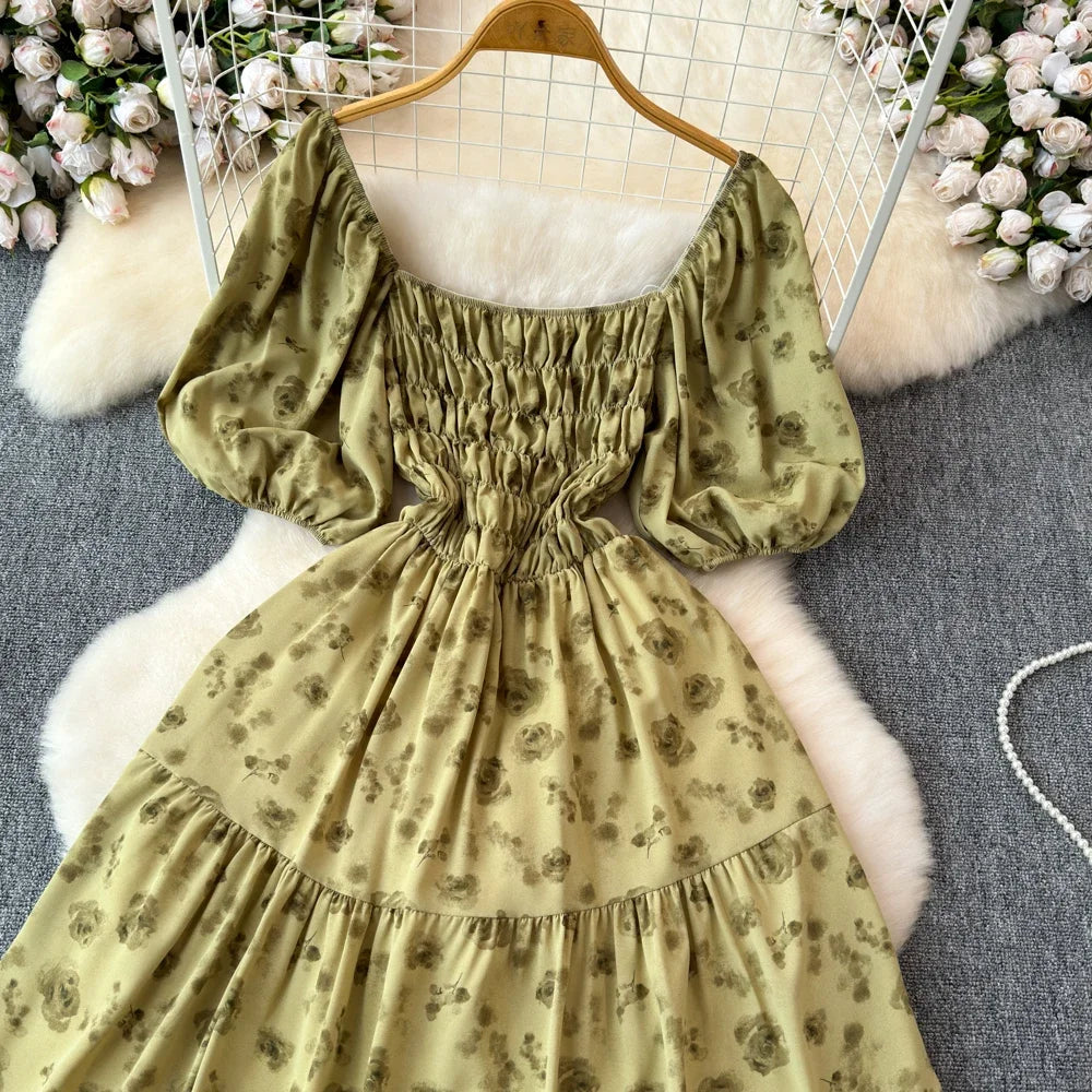 2024 New Summer Flower Print Long Dress Women Vintage Square Neck Ruched Chest Sash Bandage Sundress Party Vestidos