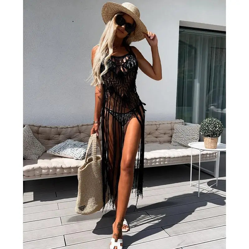 2024 Beach Cover Ups for Swimwear Women Sexy Hand Hook Hollow Out Sunscreen Shirt with Long Tassel Beach Cover