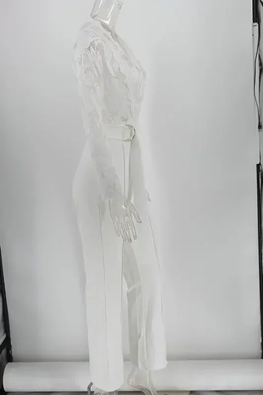 White Jumpsuit Women Overalls Elegant Lace Long One Piece High Waist Feather Y2k Sexy Wedding Party Night Evening Rompers