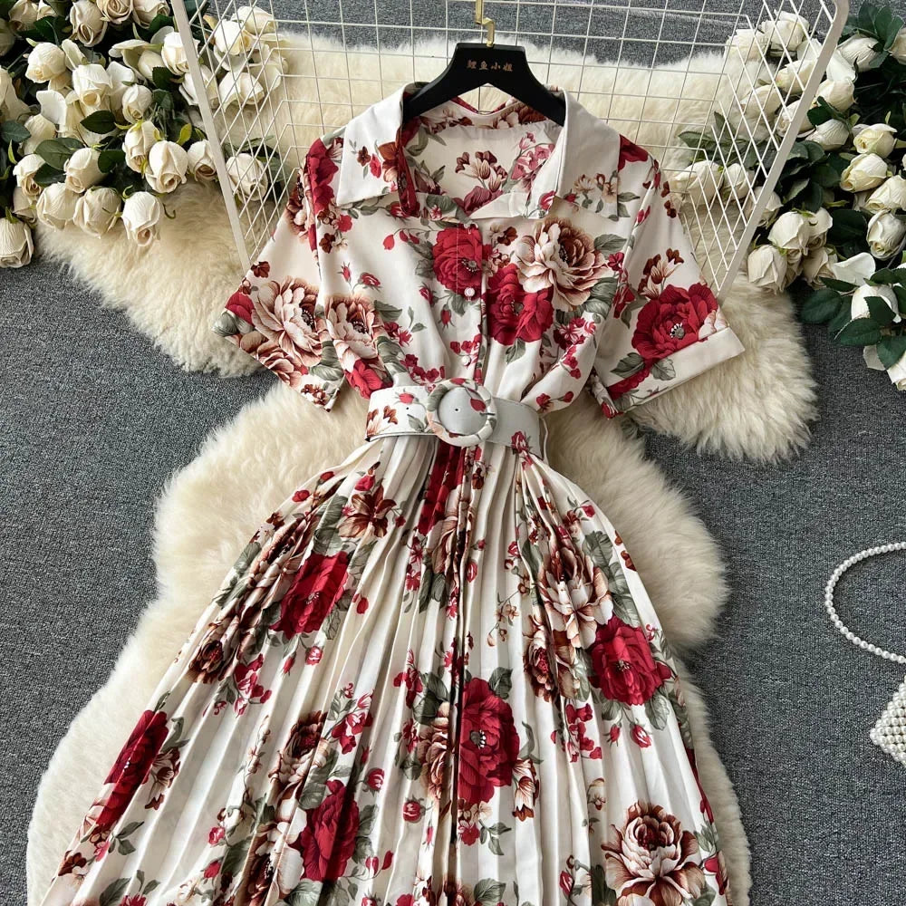 2024 Summer Women Floral Pleated Dress Vintage Turn-Down Collar Short Sleeve Single Breasted Printed Draped Midi Vestidos New