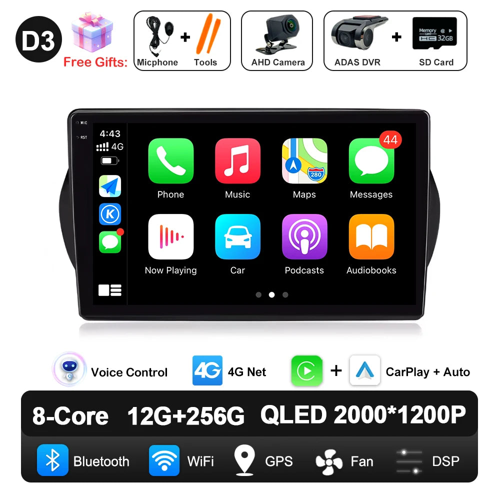 Android 14 For Fiat Fiorino Qubo Citroen Nemo Peugeot Bipper 2008 - 2017 Carplay Auto QLED Screen 4G Car Radio Multimedia Player