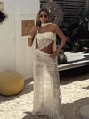 Weird Puss See Through 2-Piece Set Scarf Strapless Top Mesh Irregular Hem+Multi-Pleated Skirt Beach Party Matching Pretty Suits