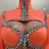 Sexy See-Through Strapless Rhinestone Tops Zipper Jacket High-waisted Shorts 3-Pieces Sets Party Nightclub Perfprmance Costume