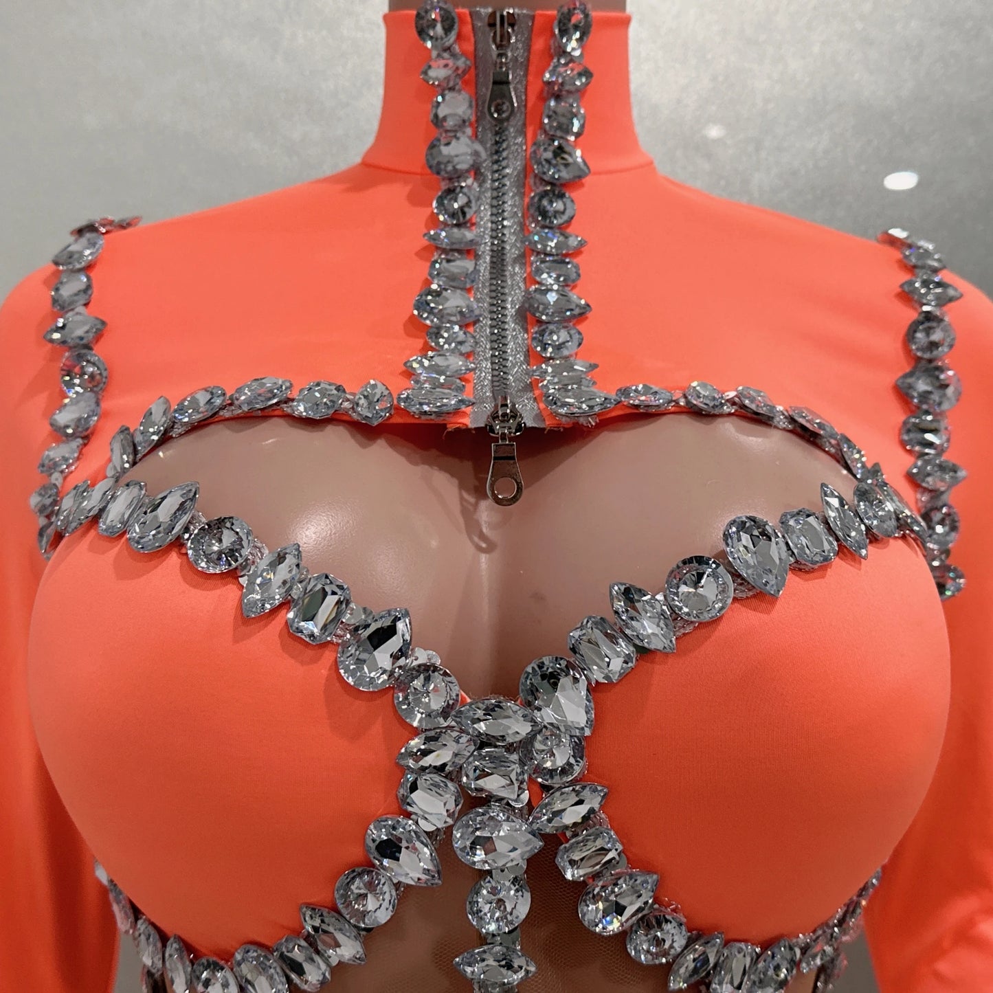 Sexy See-Through Strapless Rhinestone Tops Zipper Jacket High-waisted Shorts 3-Pieces Sets Party Nightclub Perfprmance Costume