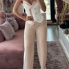 Spring Summer Sleeveless Suit Fashion Print Two Piece Sets Women Sexy V-neck Button Metal Sling Top & Wide Leg Pants Outfits