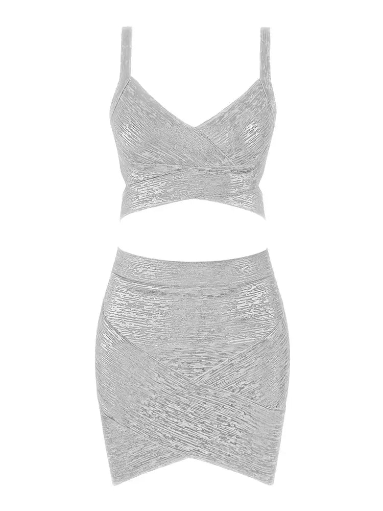 BEAUKEY Quality 2 Piece Set Shinny Metallic Rose Gold Bodycon Top & Skirt  New Mini Short Sexy Party Night Club Set