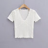 Women V Neck Knitted Crochet Tee With