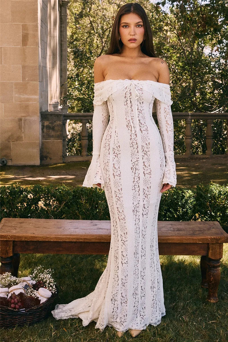 Mozision Floral Lace Off-shoulder Maxi Dress For Women White Strapless Backless Long Sleeve Bodycon Club Party Sexy Long Dress