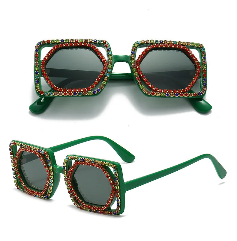 Square Luxury Diamonds Sunglasses Women Punk Fashion Rhinestone Sun Glasses Female Shiny Sexy Yellow Lens Eyewear Shade Handmade