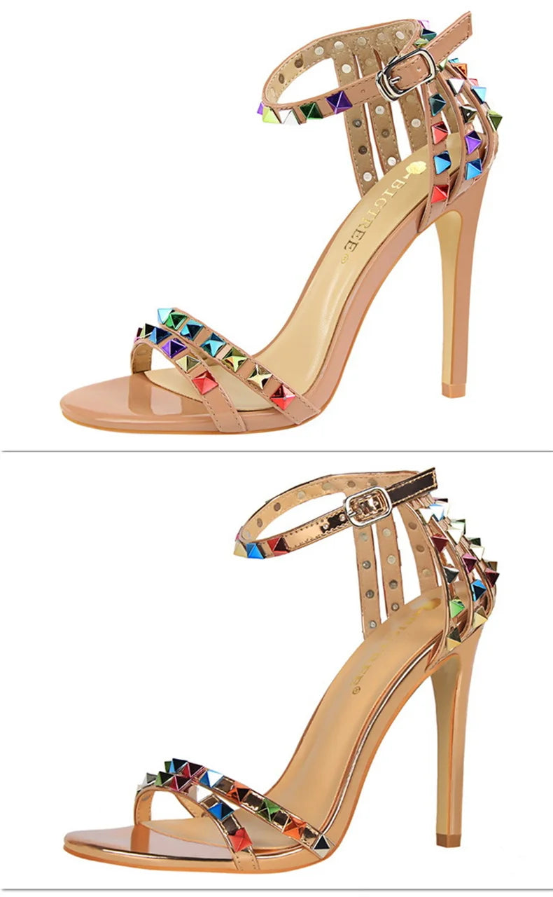 Summer Women Roman High Heels Rivets Studded Sandals Stiletto Gladiator Pumps Open Toe Luxury Shoes Hollow One-word Buckle 267-2