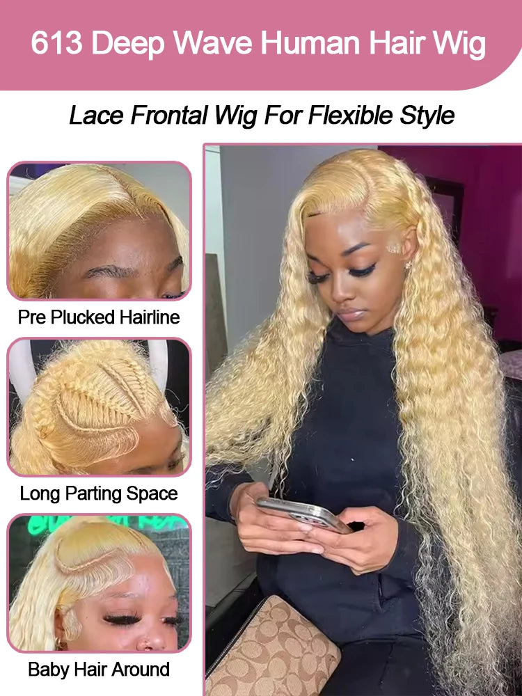 Deep Wave 13x6 HD Lace Frontal Human Hair Wig 30 40 Inch Curly 613 Honey Blonde Water Wave 13x4 Lace Front Wigs For Women 250%