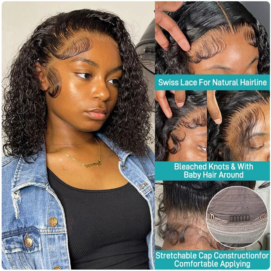 Glueless Wig Short Kinky Curly Bob Wig 12A Malaysian Lace Front Human Hair Wigs Wet And Wavy Water Wave Bob Wig 13x4 Frontal Wig