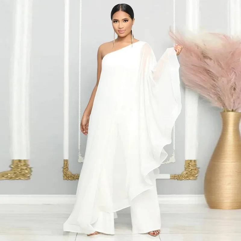 Sexy Chic Women One Shoulder Jumpsuit Chiffon Long Sleeve Prom Party Clothes Designer One Piece Ruffles Rompers 2023