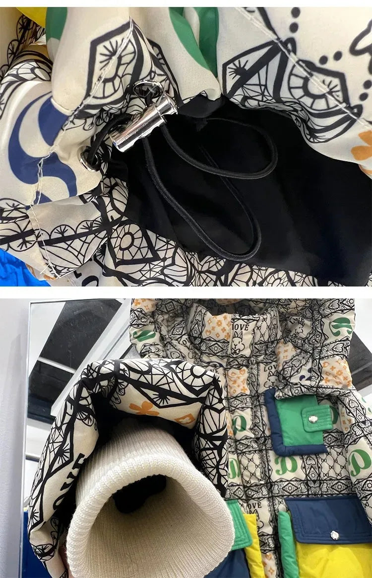 2023 European Station Winter New Down Jacket Women's Warm Fashion Short Color Patchwork Graffiti thick White Duck Down Coa