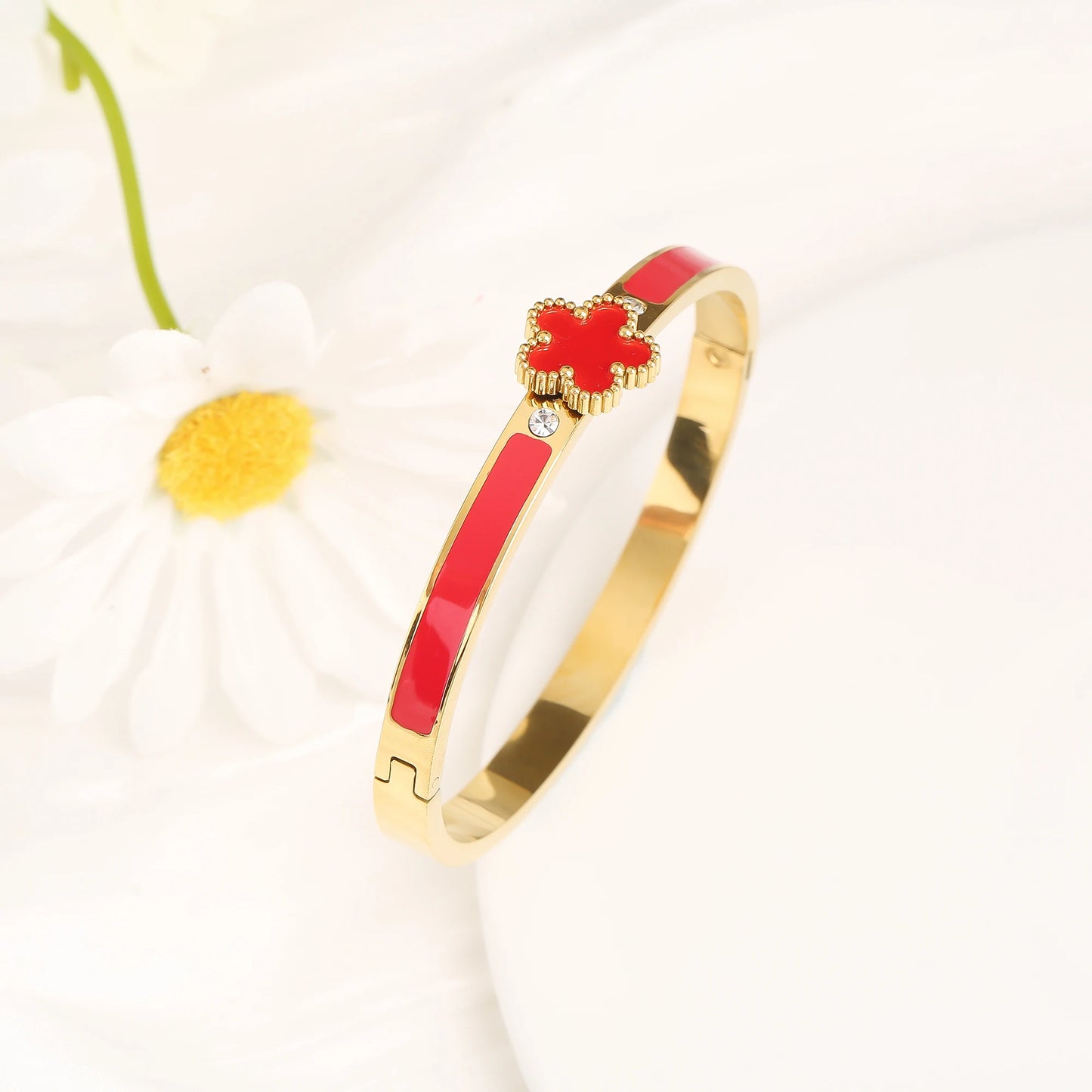 6 Colors Classic Luxury Stainless Steel Five Leaf Flower Open Bangle Simple for Woman Girl Party Trend Enamel Jewelry  Clover