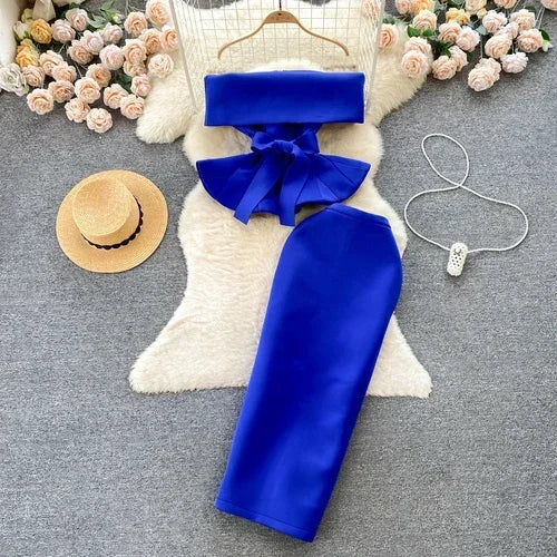 Women Vintage Two Pieces Skirt Sets Women Long Sleeve Sexy Slash Neck Bandage Ruffle Blouse Top and High Waist  Hip Wrap Skirt