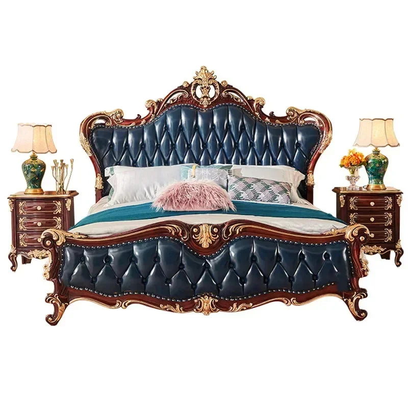 Nordic Luxury Aesthetic Bed Queen Size Cheap Cute Salon Bedroom King Bed Modern Wood Leather Camas Matrimonial Room Furniture
