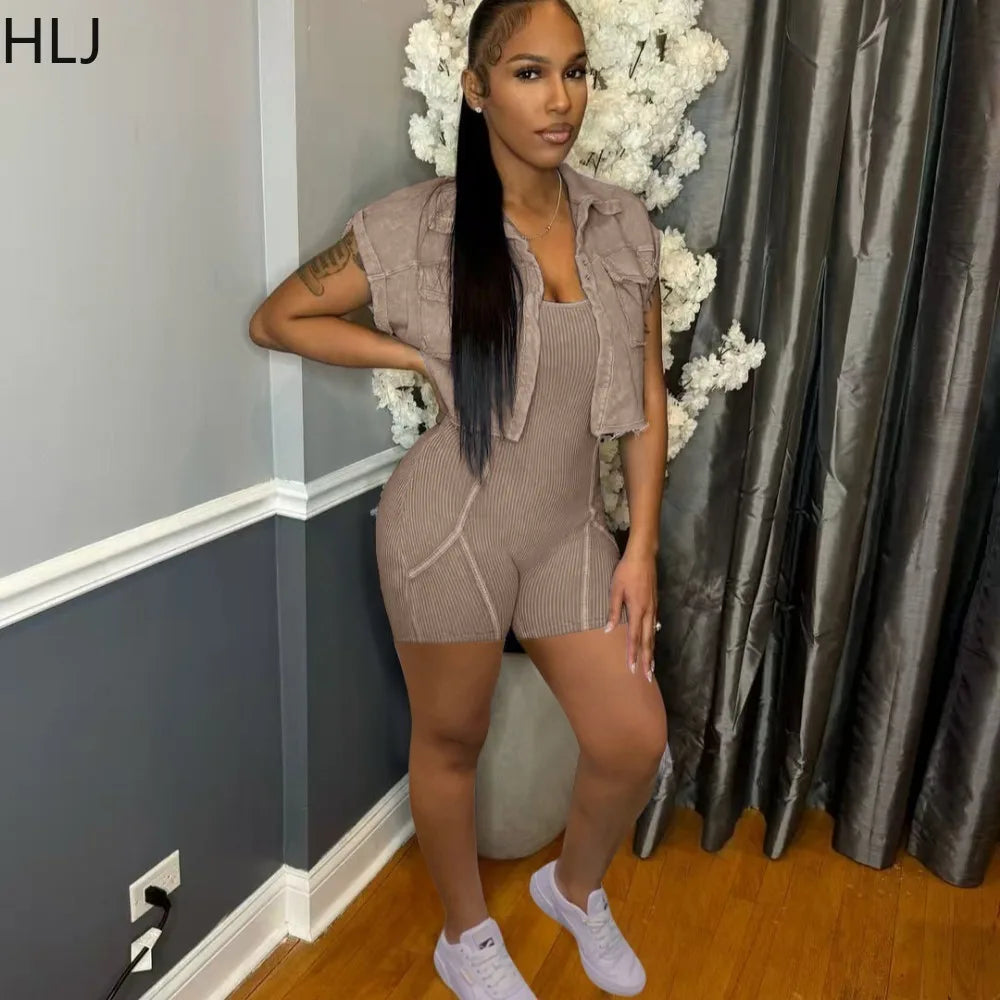 HLJ High Quality Women's Shorts Outfits Cotton Crop Jacket+Bodysuits 2 Piece Set Casual Vintage Two Piece Set Women's Spring New